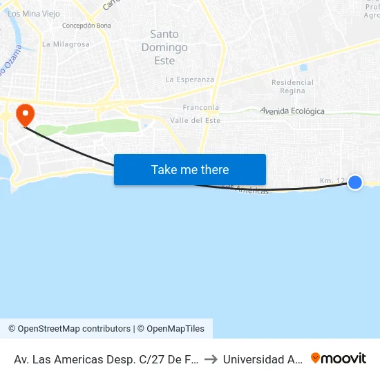 Av. Las Americas Desp. C/27 De Febrero to Universidad APEC map