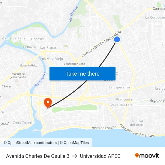 Avenida Charles De Gaulle 3 to Universidad APEC map