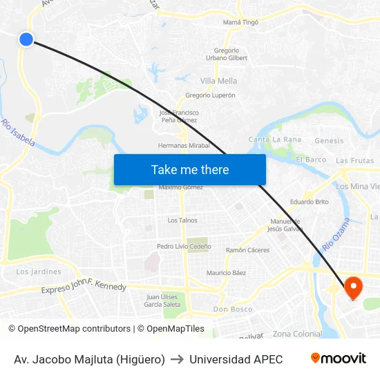Av. Jacobo Majluta (Higüero) to Universidad APEC map