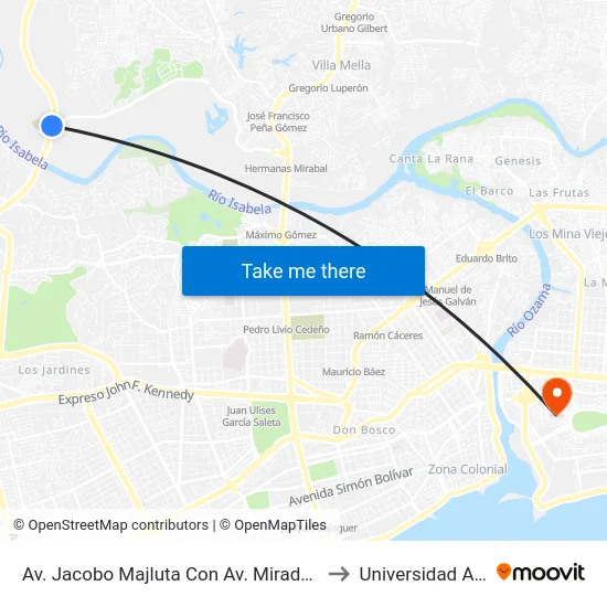 Av. Jacobo Majluta Con Av. Mirador Norte to Universidad APEC map