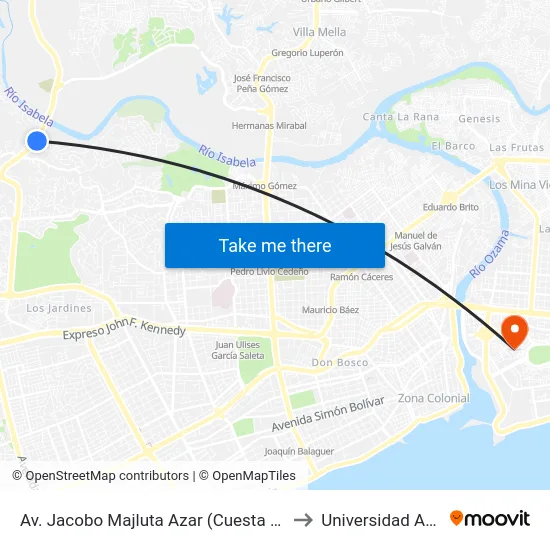 Av. Jacobo Majluta Azar (Cuesta Brava) to Universidad APEC map