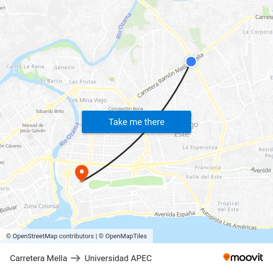 Carretera Mella to Universidad APEC map
