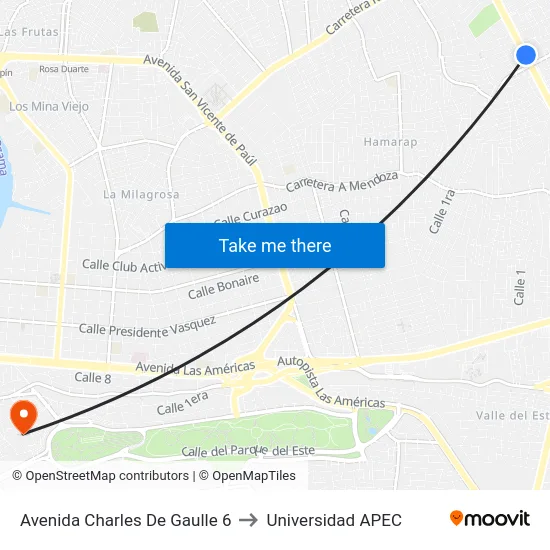 Avenida Charles De Gaulle 6 to Universidad APEC map