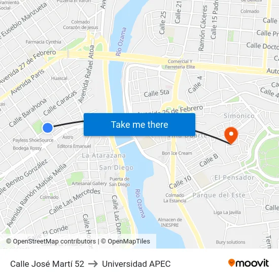 Calle José Martí 52 to Universidad APEC map