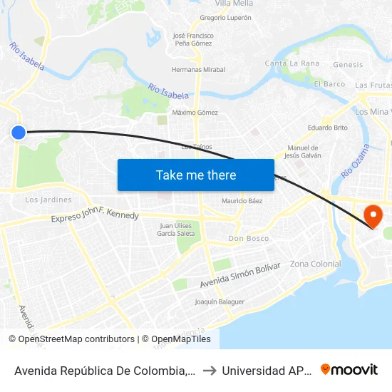 Avenida República De Colombia, 21 to Universidad APEC map