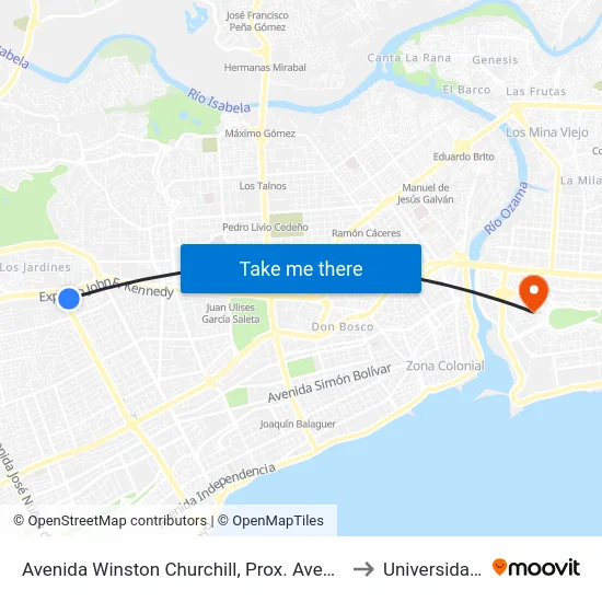 Avenida Winston Churchill, Prox. Avenida John F. Kennedy to Universidad APEC map