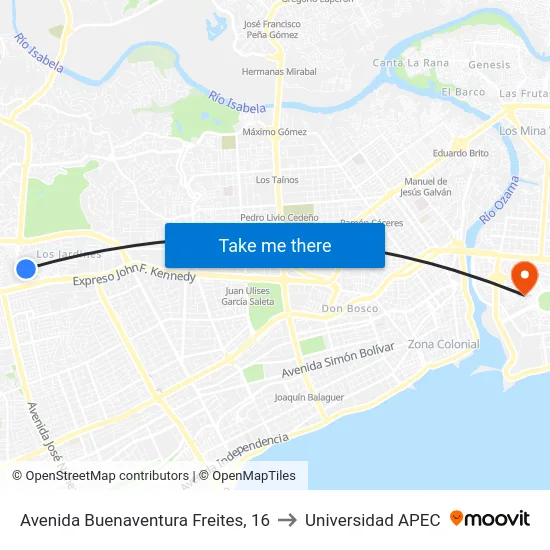 Avenida Buenaventura Freites, 16 to Universidad APEC map