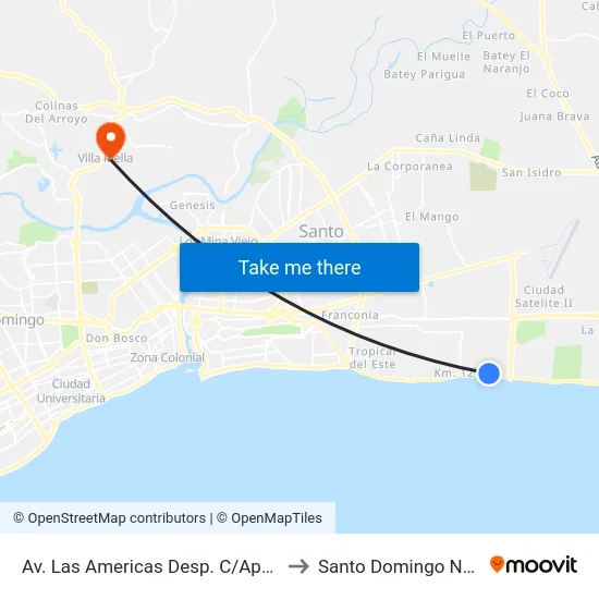 Av. Las Americas Desp. C/Apóstol to Santo Domingo Norte map