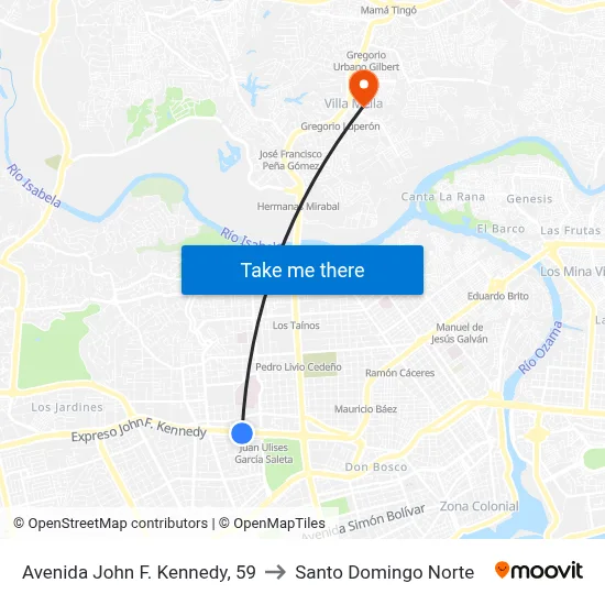 Avenida John F. Kennedy, 59 to Santo Domingo Norte map