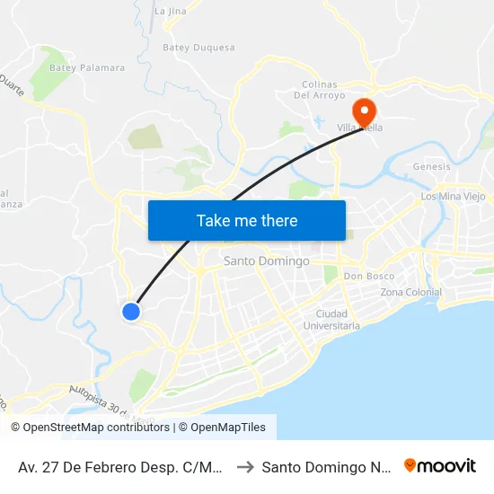 Av. 27 De Febrero Desp. C/México to Santo Domingo Norte map