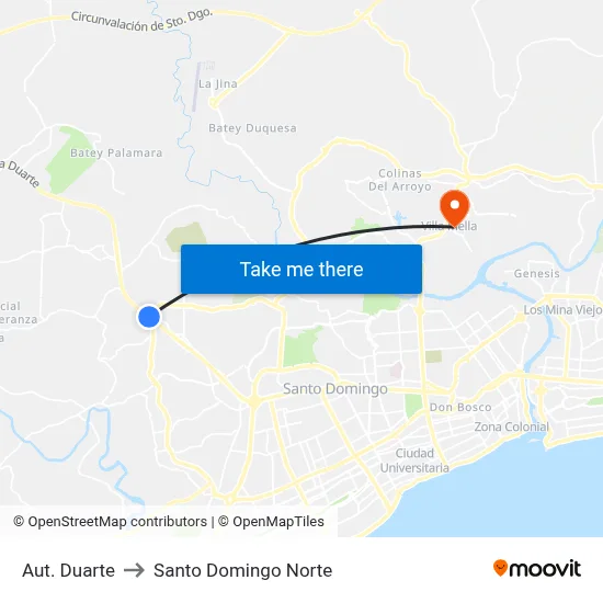 Aut. Duarte to Santo Domingo Norte map