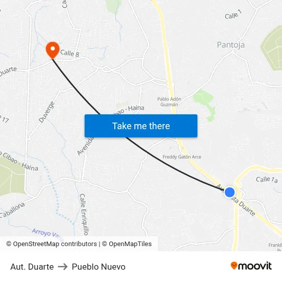 Aut. Duarte to Pueblo Nuevo map