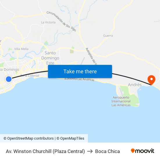 Av. Winston Churchill (Plaza Central) to Boca Chica map