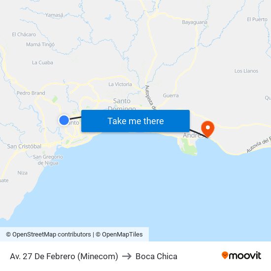 Av. 27 De Febrero (Minecom) to Boca Chica map
