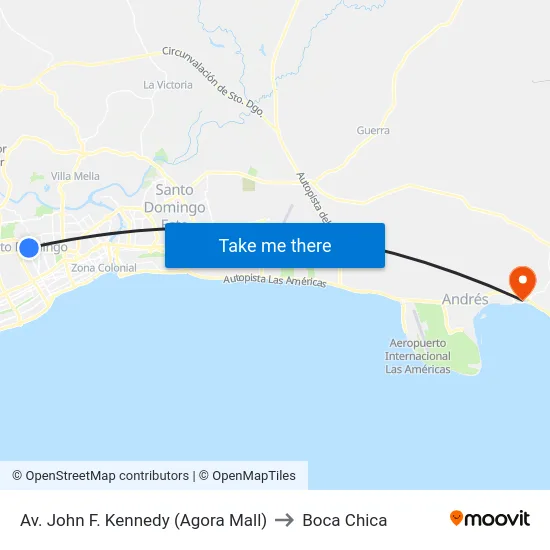 Av. John F. Kennedy (Agora Mall) to Boca Chica map