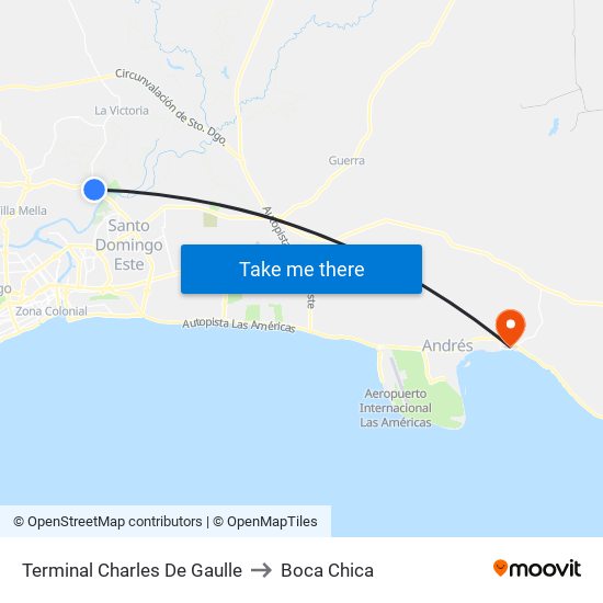 Terminal Charles De Gaulle to Boca Chica map
