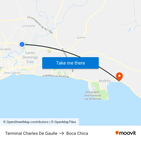 Terminal Charles De Gaulle to Boca Chica map