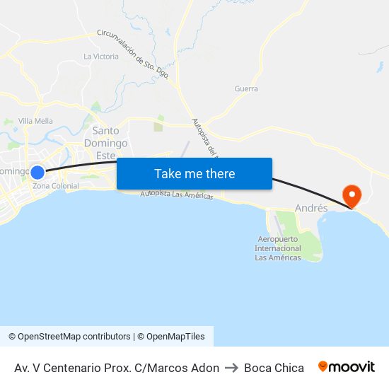 Av. V Centenario Prox. C/Marcos Adon to Boca Chica map