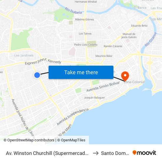 Av. Winston Churchill (Supermercados Bravo) to Santo Domingo map