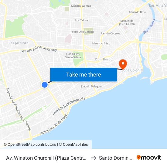 Av. Winston Churchill (Plaza Central) to Santo Domingo map
