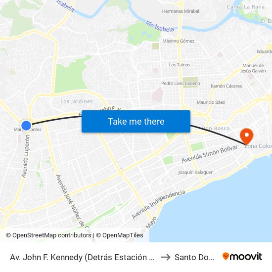 Av. John F. Kennedy (Detrás Estación María Montez) to Santo Domingo map