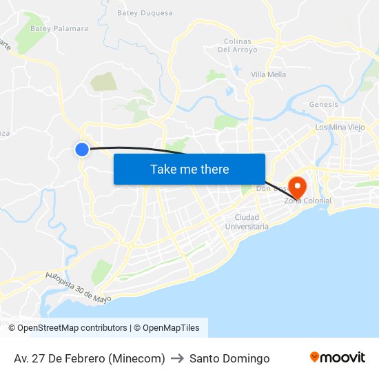 Av. 27 De Febrero (Minecom) to Santo Domingo map