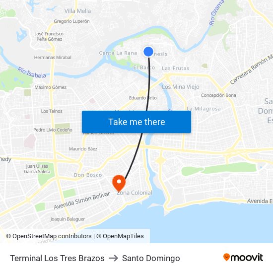 Terminal Los Tres Brazos to Santo Domingo map