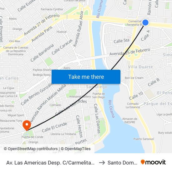 Av. Las Americas Desp. C/Carmelitas Teresas to Santo Domingo map