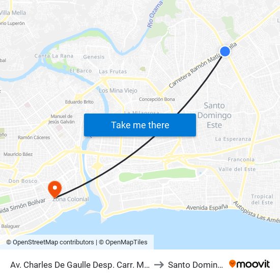 Av. Charles De Gaulle Desp. Carr. Mella to Santo Domingo map