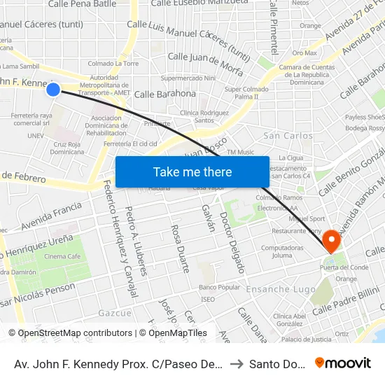 Av. John F. Kennedy Prox. C/Paseo De Los Periodistas to Santo Domingo map