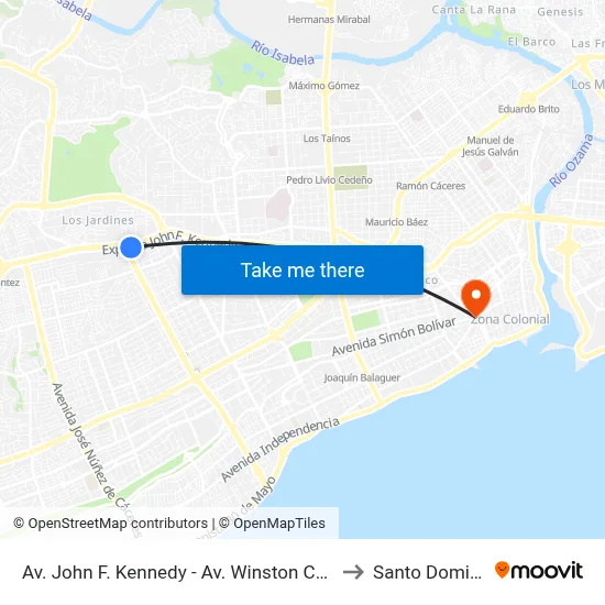 Av. John F. Kennedy - Av. Winston Churchill to Santo Domingo map