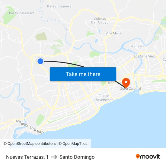 Nuevas Terrazas, 1 to Santo Domingo map