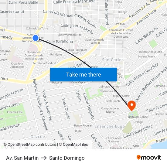Av. San Martin to Santo Domingo map