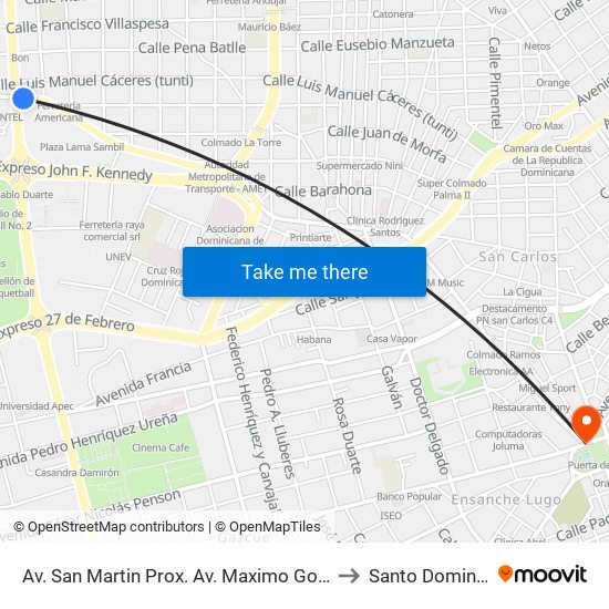 Av. San Martin Prox. Av. Maximo Gomez to Santo Domingo map