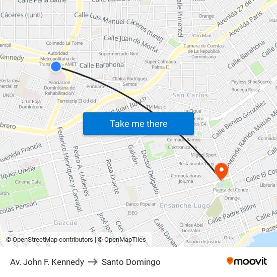 Av. John F. Kennedy to Santo Domingo map