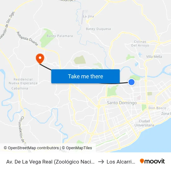 Av. De La Vega Real (Zoológico Nacional) to Los Alcarrizos map