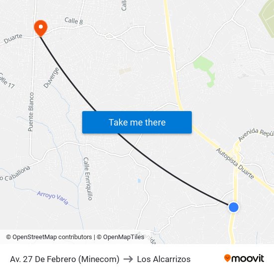 Av. 27 De Febrero (Minecom) to Los Alcarrizos map