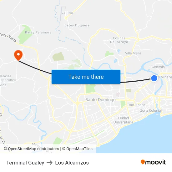 Terminal Gualey to Los Alcarrizos map