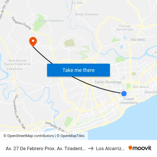 Av. 27 De Febrero Prox. Av. Tiradentes to Los Alcarrizos map