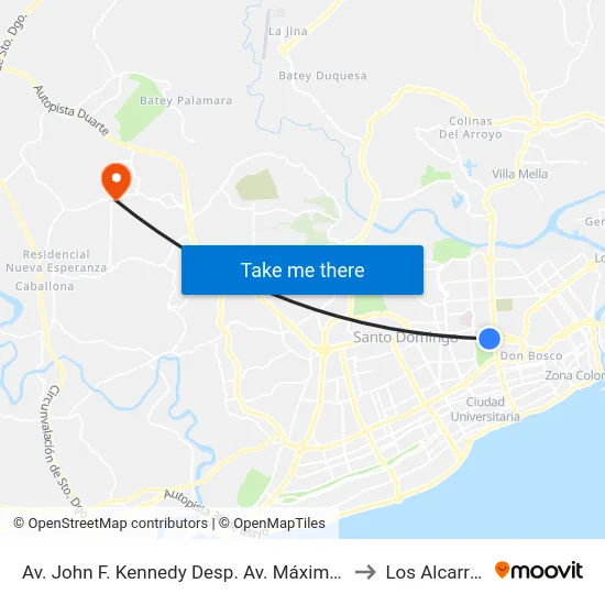 Av. John F. Kennedy Desp. Av. Máximo Gómez to Los Alcarrizos map