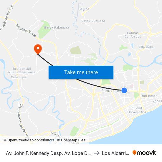 Av. John F. Kennedy Desp. Av. Lope De Vega to Los Alcarrizos map