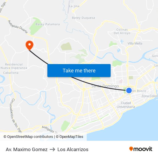 Av. Maximo Gomez to Los Alcarrizos map