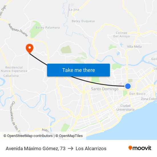 Avenida Máximo Gómez, 73 to Los Alcarrizos map