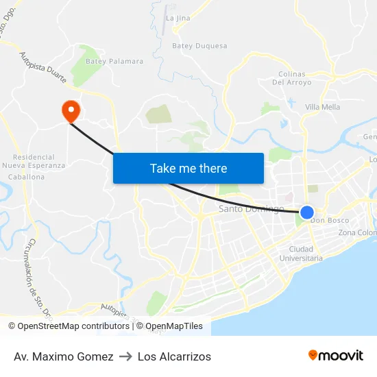 Av. Maximo Gomez to Los Alcarrizos map