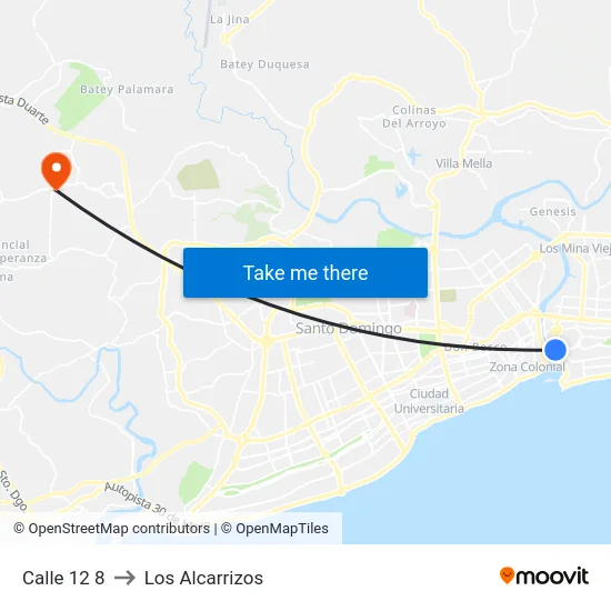 Calle 12 8 to Los Alcarrizos map