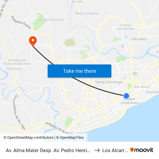 Av. Alma Mater Desp. Av. Pedro Henriquez Ureña to Los Alcarrizos map