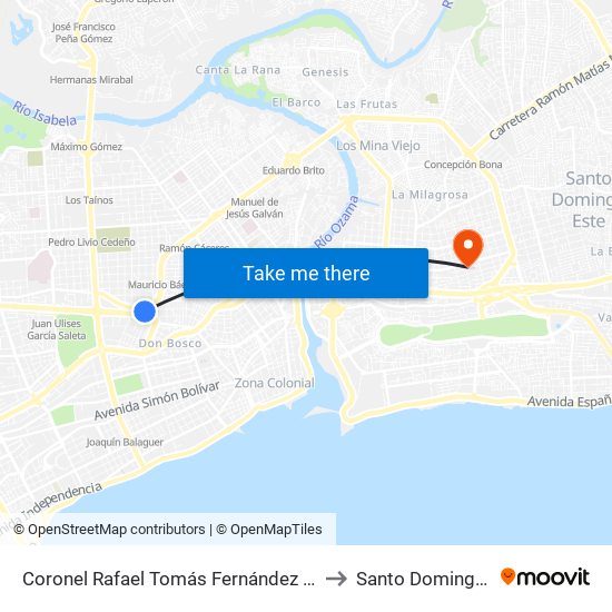 Coronel Rafael Tomás Fernández Domínguez to Santo Domingo Este map