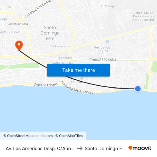 Av. Las Americas Desp. C/Apóstol to Santo Domingo Este map