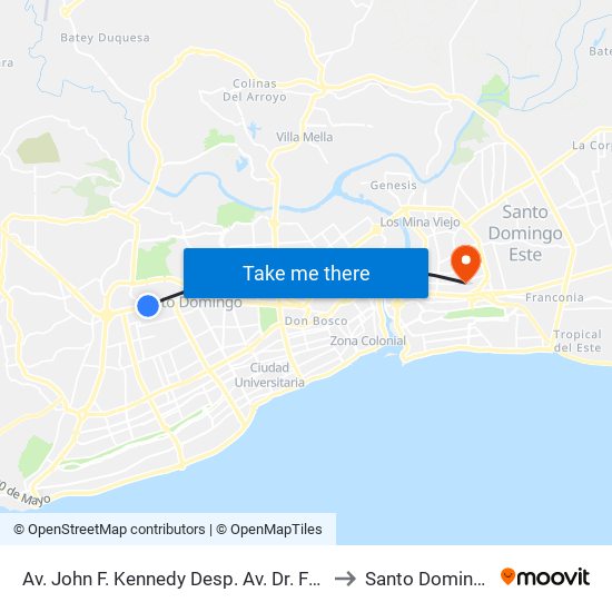 Av. John F. Kennedy Desp. Av. Dr. Fernando Arturo to Santo Domingo Este map