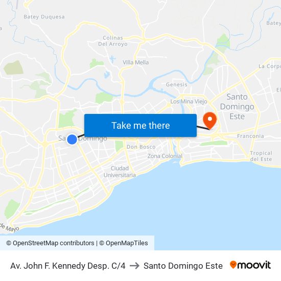 Av. John F. Kennedy Desp. C/4 to Santo Domingo Este map